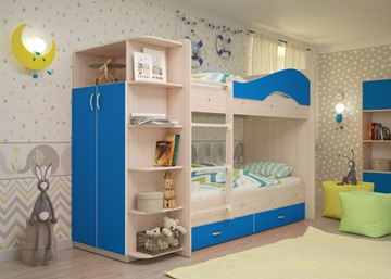 Детская 2-этажная кровать Мая на щитах со шкафом и ящиками, корпус Млечный дуб, фасад Синий в Тольятти