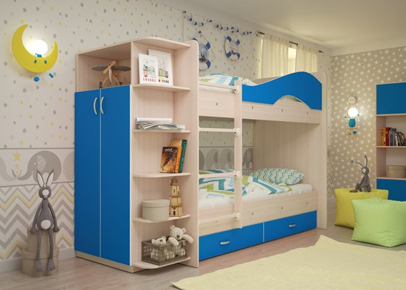 Детская 2-этажная кровать Мая на щитах со шкафом и ящиками, корпус Млечный дуб, фасад Синий в Самаре - изображение