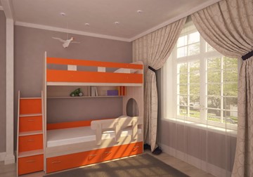 Детская 2-этажная кровать Юниор-1 с бортом, каркас Дуб, фасад Оранжевый в Тольятти - предосмотр