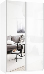 Шкаф 2-х дверный Прайм (Зеркало/Белое стекло) 1400x570x2300, белый снег в Тольятти