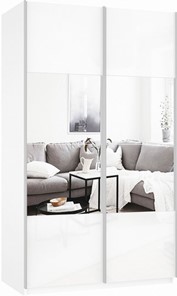 Шкаф 2-х дверный Прайм (Зеркало/Белое стекло) 1400x570x2300, белый снег в Самаре - предосмотр 2