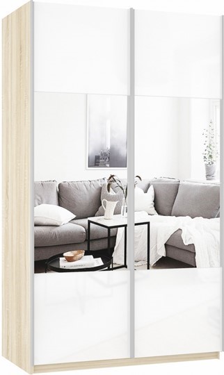 Шкаф 2-дверный Прайм (Зеркало/Белое стекло) 1400x570x2300, дуб сонома в Тольятти - изображение 2