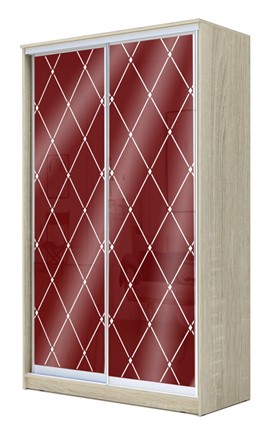 Шкаф 2-х дверный 2200х1200х420 с цветным стеклом и пескоструйным рисунком ХИТ 22-4-12/2-33 Бургунд 312, ромб большой, Дуб сонома в Самаре - изображение