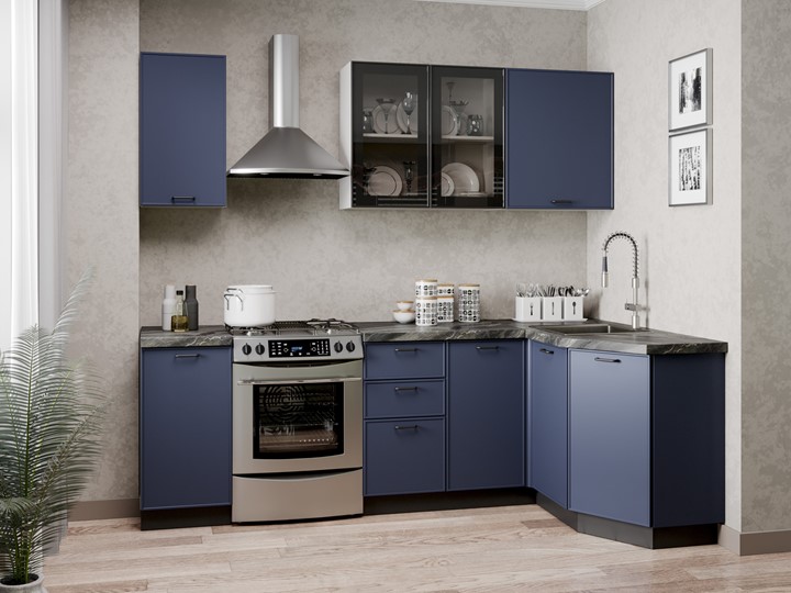 Гарнитур кухонный угловой 2400 Индиго, Белый/Темно-синий в Самаре - изображение