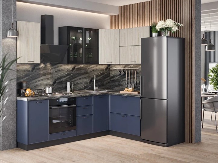 Гарнитур кухонный угловой 2400 Индиго, Черный/Дуб мадейра топаз/Темно-синий в Тольятти - изображение