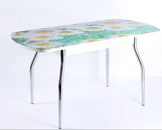 Кухонный раскладной стол ПГ-07 СТФ, белое ЛДСП/ромашки/35 хром гнутые в Самаре - изображение