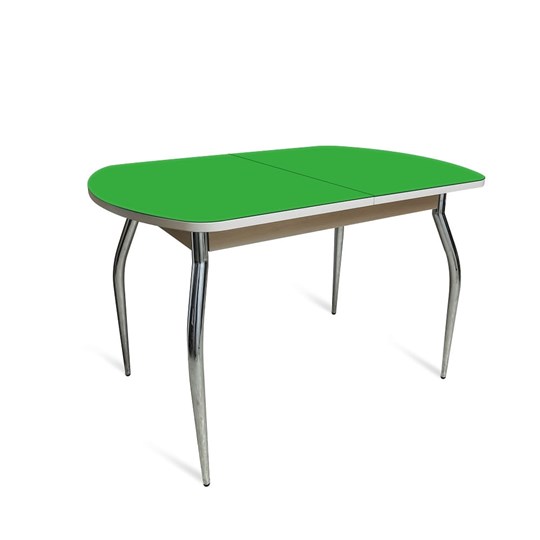 Обеденный раздвижной стол ПГ-02 СТ2, дуб молочный/зеленое стекло/35 хром гнутые металл в Тольятти - изображение 1