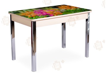 Кухонный стол раскладной Айсберг-02 СТФ, Дуб ЛДСП/полевые цветы/ноги хром квадратные в Тольятти