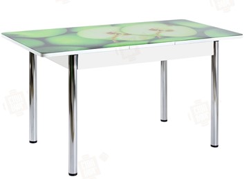Кухонный стол раздвижной Айсберг-02 СТФ, белое лдсп/зеленые яблоки/ноги хром прямые в Самаре - предосмотр