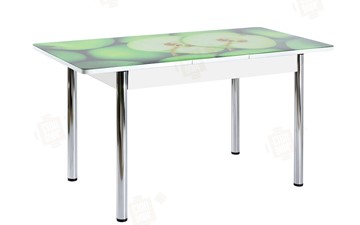 Кухонный раздвижной стол Айсберг-01 СТФ, белый/фотопечать зеленые яблоки/ноги хром круглые в Тольятти - предосмотр