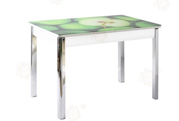 Кухонный раздвижной стол Айсберг-01 СТФ, белый/фотопечать зеленые яблоки/ноги хром квадратные в Сызрани