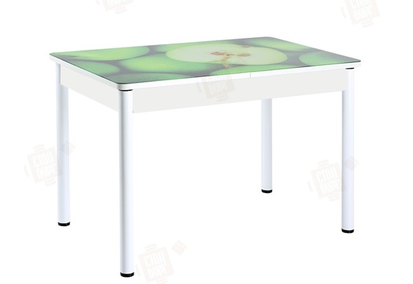 Кухонный стол раздвижной Айсберг-01 СТФ, белый/фотопечать зеленые яблоки/ноги крашеные в Самаре - изображение