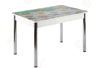 Кухонный стол раскладной Айсберг-01 СТФ, дуб/фотопечать ромашки/ноги хром прямые круглые в Самаре