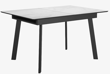 Стеклянный кухонный стол раздвижной DikLine SFA125 Стекло Белый мрамор САТИН/подстолье черное/опоры черные в Тольятти