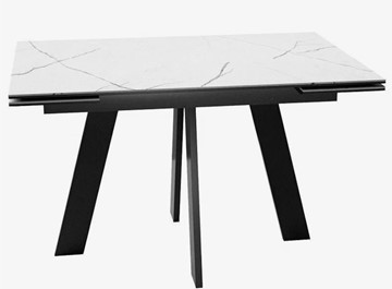 Стеклянный кухонный стол раздвижной DikLine SFM120 Стекло Белый мрамор САТИН/подстолье черное/опоры черные в Тольятти