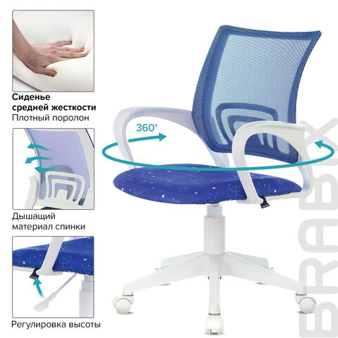 Офисное кресло Brabix Fly MG-396W (с подлокотниками, пластик белый, сетка, темно-синее с рисунком "Space") 532405 в Тольятти - изображение 6
