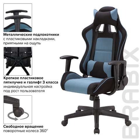 Кресло компьютерное Brabix GT Racer GM-100 (две подушки, ткань, черное/голубое) 531818 в Тольятти - изображение 9