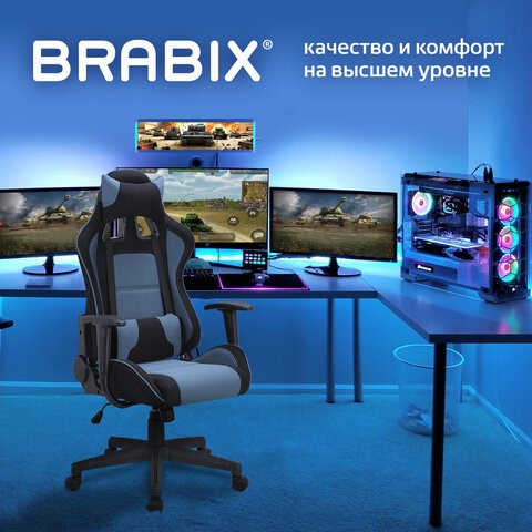 Кресло компьютерное Brabix GT Racer GM-100 (две подушки, ткань, черное/голубое) 531818 в Тольятти - изображение 7