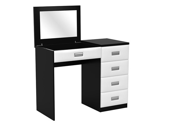 Косметический стол Como/Veda, с зеркалом, 4 ящика, правый, ЛДСП черный/экокожа белая в Самаре - изображение