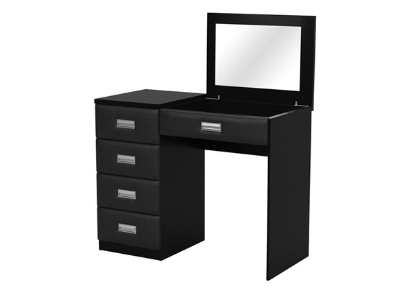 Косметический стол Como/Veda, с зеркалом, 4 ящика, левый, ЛДСП черный/экокожа черная в Самаре - изображение