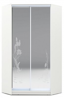 Угловой шкаф-купе 2300х1103, ХИТ У-23-4-66-01, цапля, 2 зеркала, белая шагрень в Тольятти - изображение