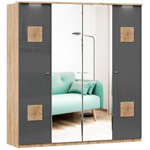 Шкаф 4х-дверный Фиджи с 2 зеркалами и декоративными накладками, Дуб золотой/Антрацит в Тольятти