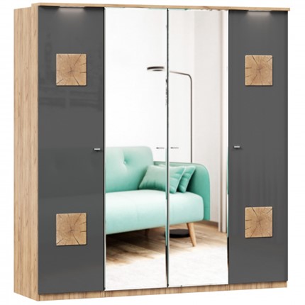 Шкаф 4х-дверный Фиджи с 2 зеркалами и декоративными накладками, Дуб золотой/Антрацит в Самаре - изображение