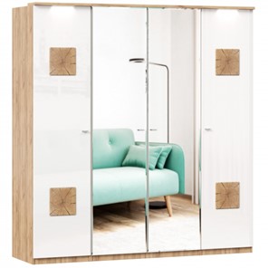 Шкаф четырехдверный Фиджи с 2 зеркалами и декоративными накладками, Дуб золотой/Белый в Тольятти