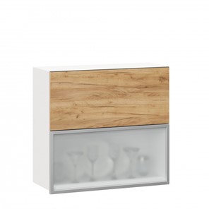 Навесной кухонный шкаф 800 горизонтальный, Шервуд, ЛД 281.981.000.137, со стеклом, белый/дуб золотой в Самаре