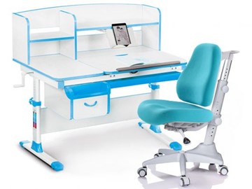 Комплект растущая парта + стул Mealux-EVO Evo-50 BL (арт. Evo-50 BL + Y-528 KBL) / (стол+полка+кресло) / белая столешница / цвет пластика голубой в Сызрани