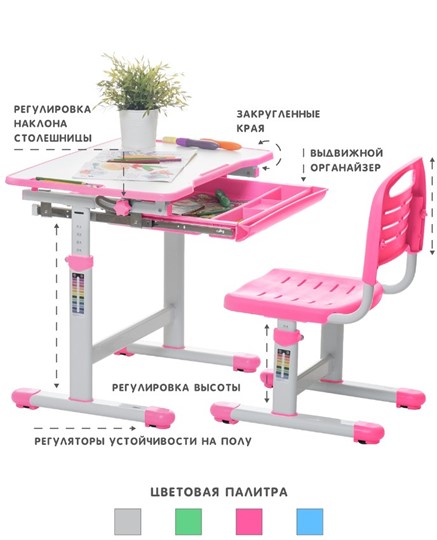 Парта регулируемая SET Holto-2А розовый в Тольятти - изображение 3